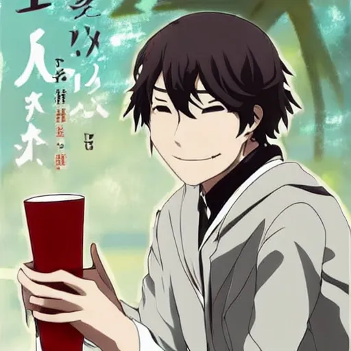 Image similar to Dazai from Bungou Stray Dogs drinking mate