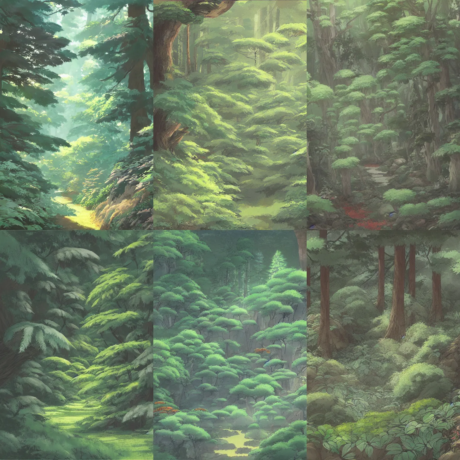 Prompt: sheet of a beautiful forest and foliage painting concepts in the style of studio ghibli, by Kazuo Oga