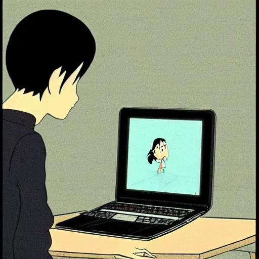 Image similar to tan-skinned guy with shoulder length black hair and long sleeves using a laptop, looking down, art by hayao miyazaki, studio ghibli film, twitter pfp