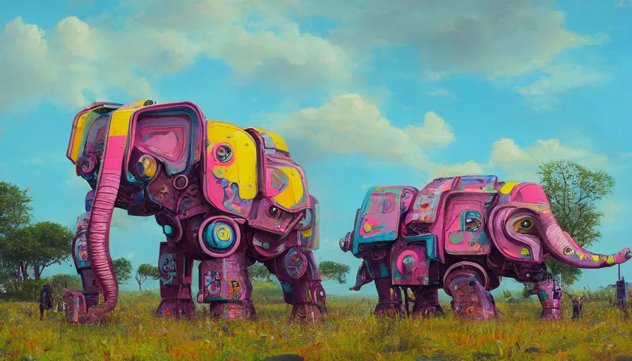 Image similar to an intricate oil painting of a giant south african armored elephant shaped scrap metal mecha by simon stalenhag, pink, yellow and cyan paint decals
