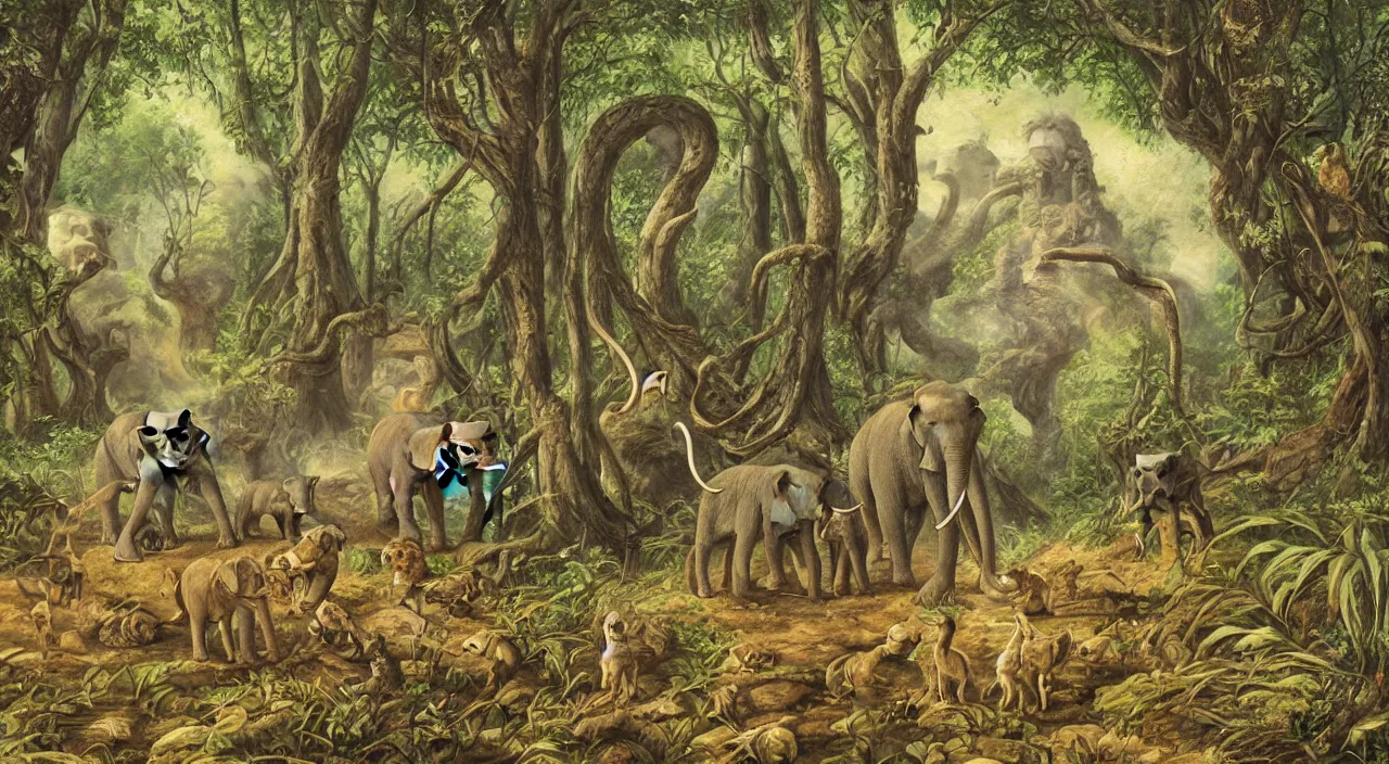 Prompt: dog, elephant and cobra in the deep forest, cute painting, in high resolution