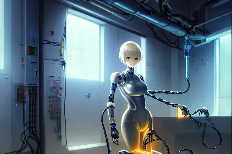 Image similar to datacenter room connects cables young robot server android baroque oil painting finely detailed perfect face flowing long fiberoptics blonde hair robot eyes blue. anime shinkai takeuchi key visual of character concept art metal female robot body suit pixiv fanbox, painted by greg rutkowski