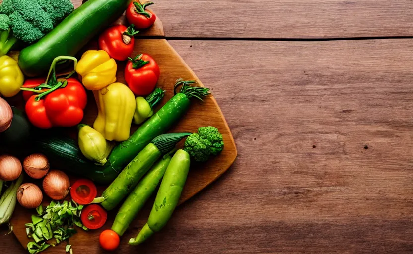 Image similar to top view of vegetables on wooden table, natural light, cinematic lighting, 8 k