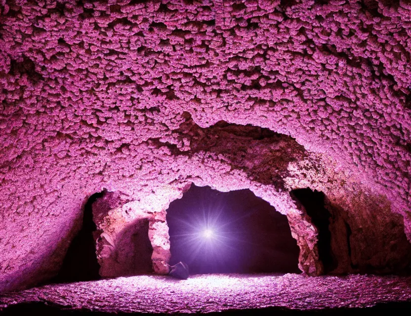 Image similar to disco in a cherry blossom limestone cavern. heavily stylized, oil painting by indie concept artist. backlighting, chiaroscuro, intricate details, field of depth.