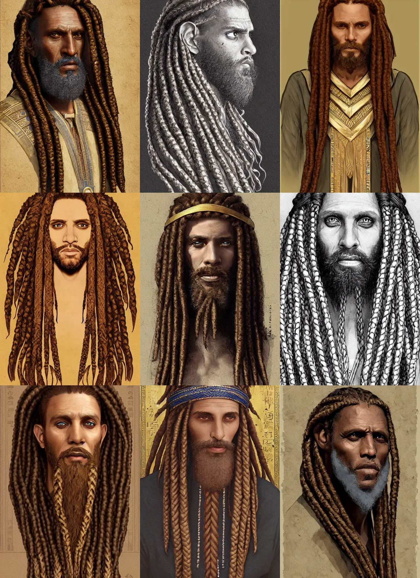 Prompt: louis gossett as ancient egyptian, braided beard redhead dreadlocks, intricate, elegant, highly detailed, artstation, sharp focus, illustration, artgerm, rutkowski, mucha