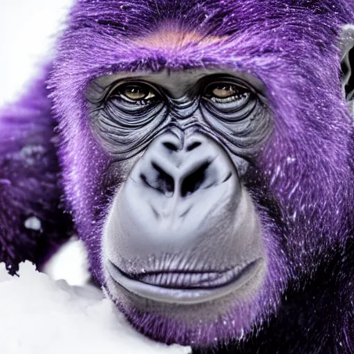 Prompt: a purple gorila, in snow, close up 4 k