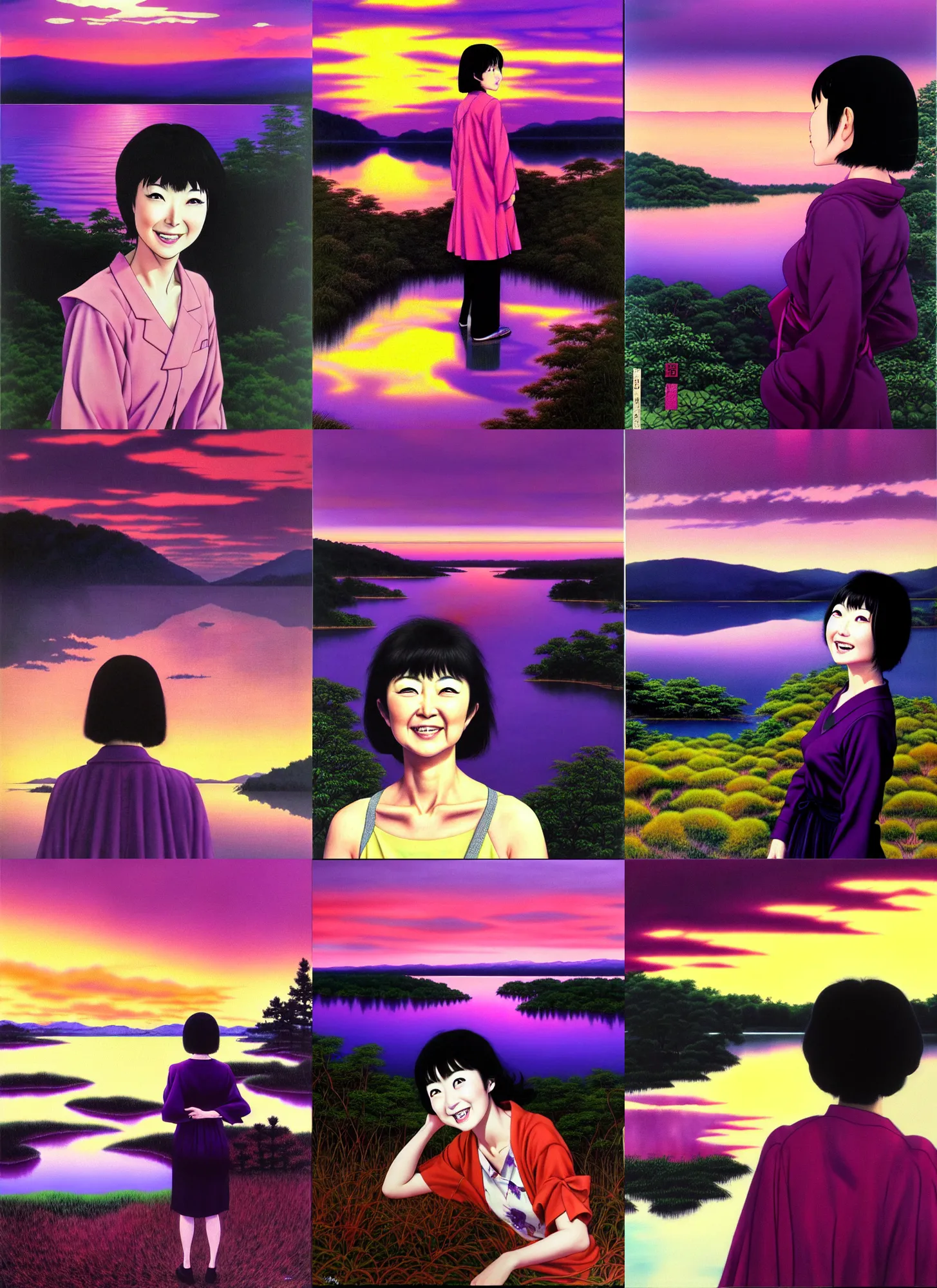 Prompt: joyful tomie kawakami staring at a disturbing lake surrounded by a dense forest, during an ominous purple sunset, over the shoulder shot, portrait, vibrant colours, realistic oil painting by ohrai noriyoshi and junji ito