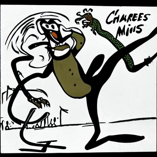 Image similar to charles mingus chasing after a lizard, 1 9 5 0 s cartoon style