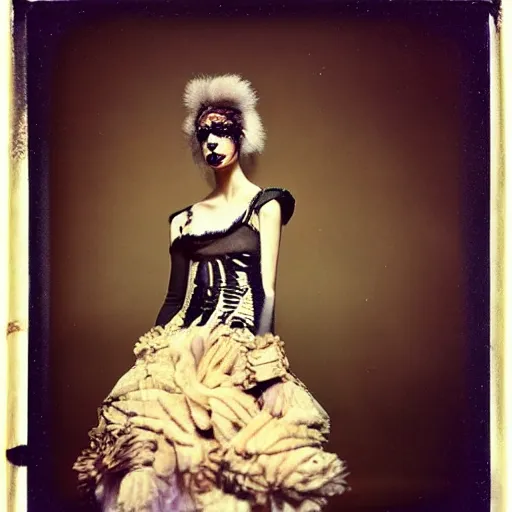 Image similar to damaged kodak portra 4 0 0, wetplate, photo of a surreal artsy dream scene,, very beautiful model, weird fashion, grotesque, extravagant dress, strange pose, carneval, with an animal, wtf, photographed by paolo roversi style