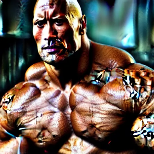 Prompt: A highly detailed photograph of cybernetic Dwayne Johnson