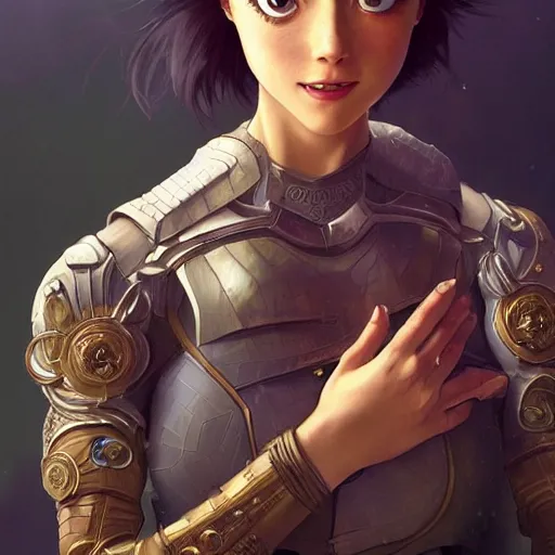 Prompt: portrait of Alita, looking at camera, D&D, intricate, elegant, stylish, cute smile, mouth slightly open, fantasy, extremely detailed, digital painting, artstation, concept art, smooth, sharp focus, illustration, stunning lighting, art by artgerm and greg rutkowski and alphonse mucha and simon stalenhag.