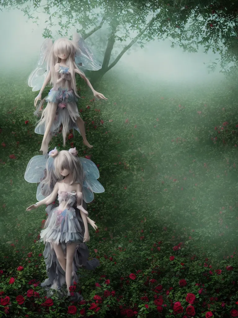 Image similar to cute fumo plush girl among vines in the middle of a foggy rose garden under a blue sky, beautiful glowing ethereal gothic magical wraith fairy girl with dark eyes, tattered dress, bokeh, vray