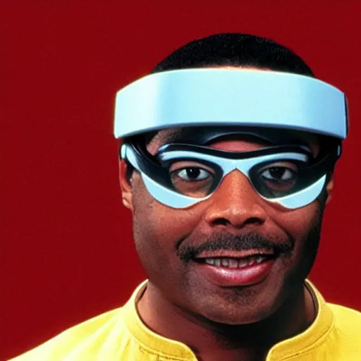 Image similar to Geordi La Forge wearing visor and a colander and random kitchen tools on his head