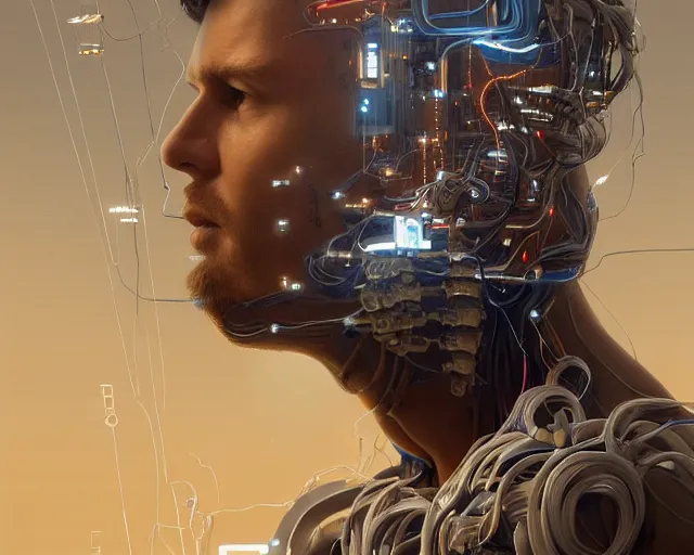 Prompt: a hyperrealistic painting of a human cyborg with cables coming out from his limbs connected to supercomputers, flood of images flowing from his head, tesseract, by greg rutkowski, artgerm, yakihiko yoshida and beeple, trending on artstation, concept art, insane details, zoomed out