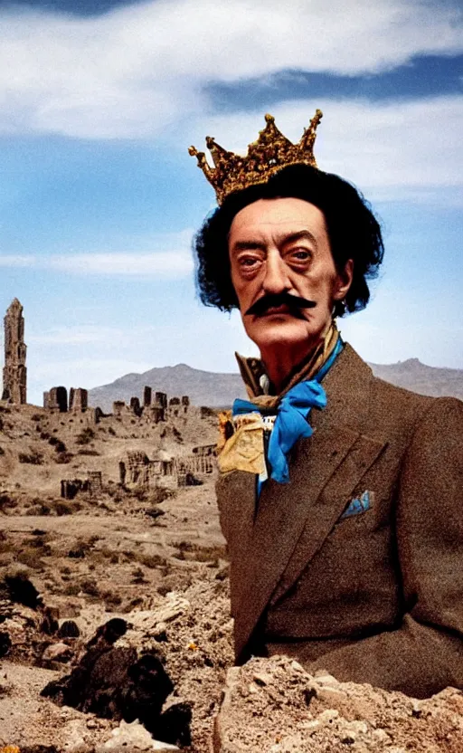 Prompt: salvador dali wearing a great crown with blue jewels in a dry rocky desert landscape, visible sky and sunny atmosphere, alien city ruins in the background, film still from the movie by alejandro jodorowsky with cinematogrophy of christopher doyle and art direction by hans giger, anamorphic lens, kodakchrome, very detailed photo, 8 k