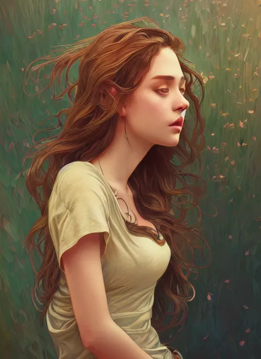 Image similar to handsome young women with shoulder length brown hair, half body shot, path traced, highly detailed, high quality, digital painting, alena aenami, lilia alvarado, shinji aramaki, karol bak, alphonse mucha, tom bagshaw