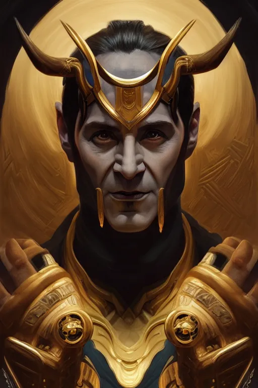 Image similar to symmetry!! portrait of loki in the style of god of war, machine parts embedded into face, intricate, elegant, highly detailed, digital painting, artstation, concept art, smooth, sharp focus, illustration, art by artgerm and greg rutkowski and alphonse mucha, 8 k