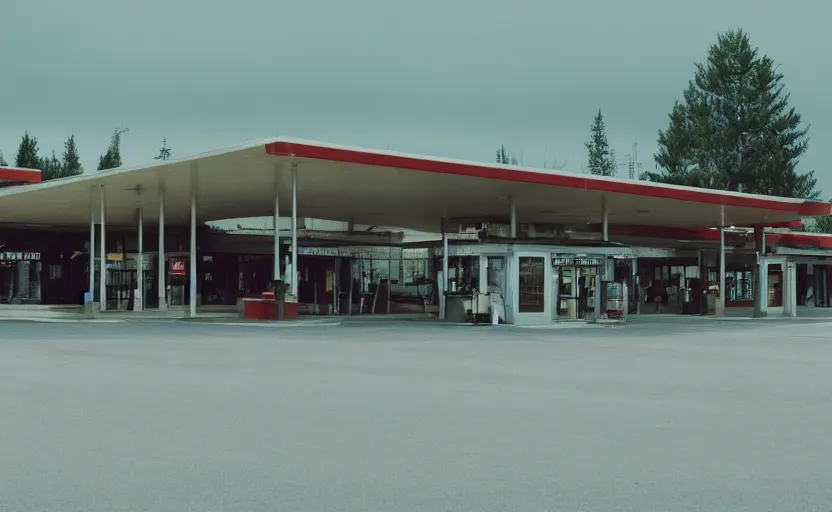 Image similar to cinematic still screenshot of the port byron travel plaza in the middle of nowhere, shot by saul leiter, camera height 7 feet, moody cinematography, 2 4 mm anamorphic lens
