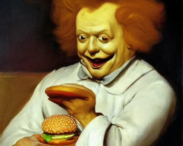 Image similar to ronald mcdonald eating a hamburger, painting by fransisco goya