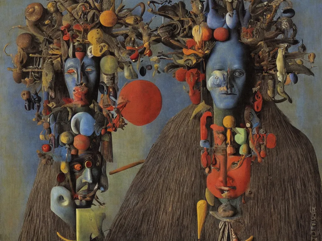 Image similar to Portrait of albino mystic with blue eyes, with wooden old shamanic totemic African archaic mask, sculpture. Painting by Bosch, Audubon, Rene Magritte, Agnes Pelton, Max Ernst, Walton Ford