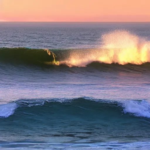 Image similar to perfect wave breaking in shallow clear water front view, hollister ranch, offshore winds, kelp, islands on horizon, late afternoon