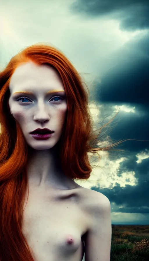Prompt: photo of a gorgeous young caucasian redhead girl , full body, high fashion model, searching for eternity, skulls around, cloud goddess, duality, far away dreamy atmosphere, rays of light, deep shadows, demons in the style of stefan kostic, hyper realistic, sharp focus, 8k high definition, high fashion, vogue, insanely detailed, intricate, elegant, art by stanley lau and artgerm, brom