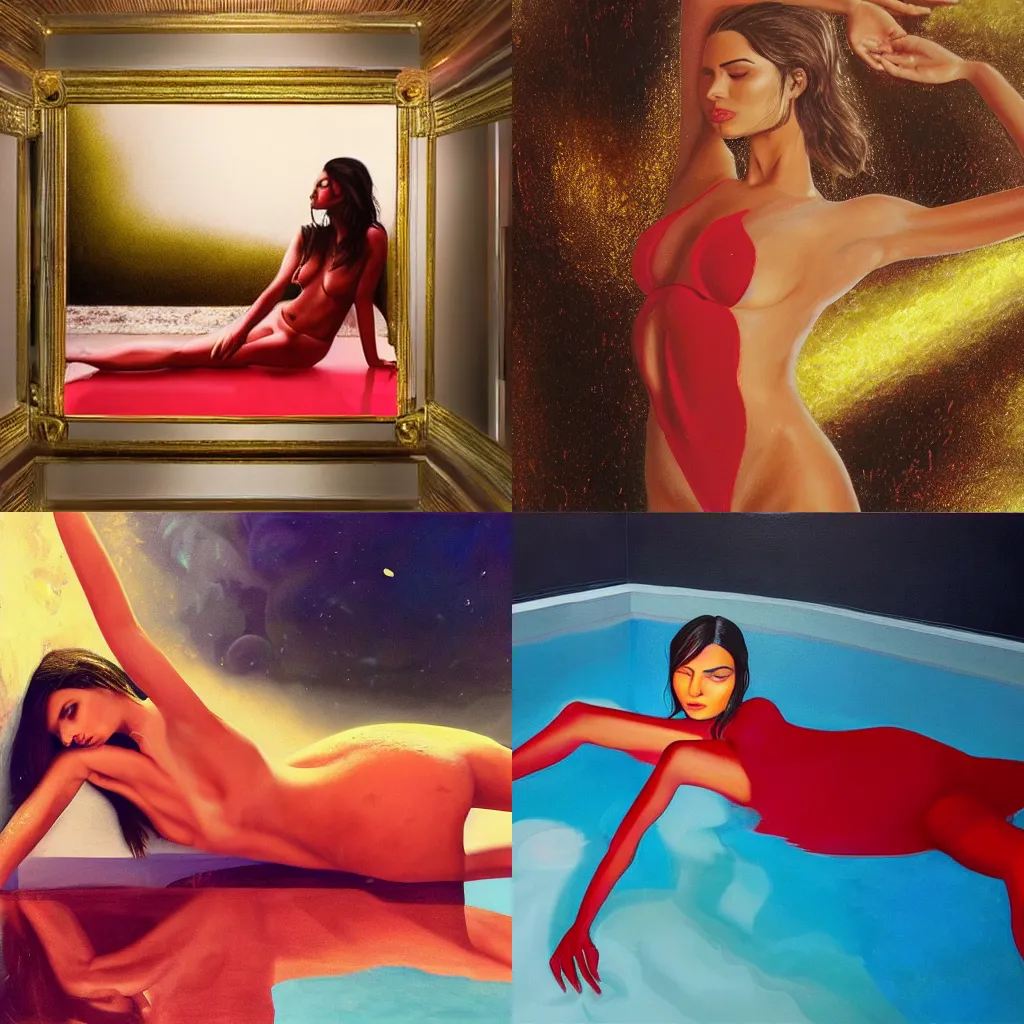 Prompt: Emily Ratajkowski with beautiful face and full body laying in a blood red pool of water between a bright golden glowing mirror frame, outside is space and inside the mirror frame is a beautiful landscape. Hyperrealistic surreal 4K IMAX Rene Margritte intricate, elegant, highly detailed, digital painting, artstation, concept art, smooth, sharp focus, illustration, art by artgerm, Francis bacon, HR Giger and greg rutkowski and alphonse mucha