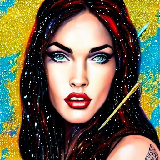 Image similar to “Megan Fox glitter paints paintings, glitter face and body, glitter background, ultra detailed portrait, 4k resolution”