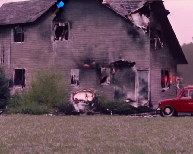 Prompt: a movie still from 'A Goose Set my House on Fire', 40mm tape, technicolour film, goose in foreground, housefire, letterboxing, widescreen