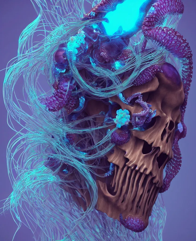 Image similar to goddess close-up portrait animal skull. jellyfish phoenix head, nautilus, orchid, skull, betta fish, bioluminiscent creatures, intricate artwork by Tooth Wu and wlop and beeple. octane render, trending on artstation, greg rutkowski very coherent symmetrical artwork. cinematic, hyper realism, high detail, octane render, 8k