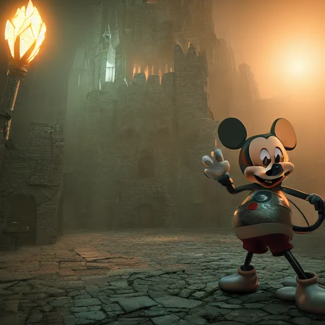 Image similar to mickey mouse reimagined as a boss in dark souls, dark cinematic, volumetric, realistic, cinematic lighting, ray tracing, unreal engine 5, unreal engine render, octane render, hyper realistic, photo, 8 k