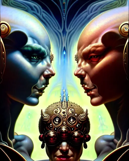 Image similar to a portrait of gemini good and evil fantasy character portrait facing each other, ultra realistic, wide angle, intricate details, the fifth element artifacts, highly detailed by peter mohrbacher, hajime sorayama, wayne barlowe, boris vallejo, aaron horkey, gaston bussiere, craig mullins