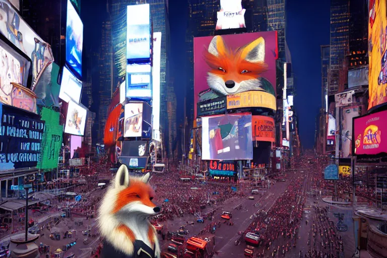 Image similar to anthropomorphic furry fox wearing a tuxedo stands on the times square ,detailed, environment, building, cinematic lights, rule of thirds, Artstation