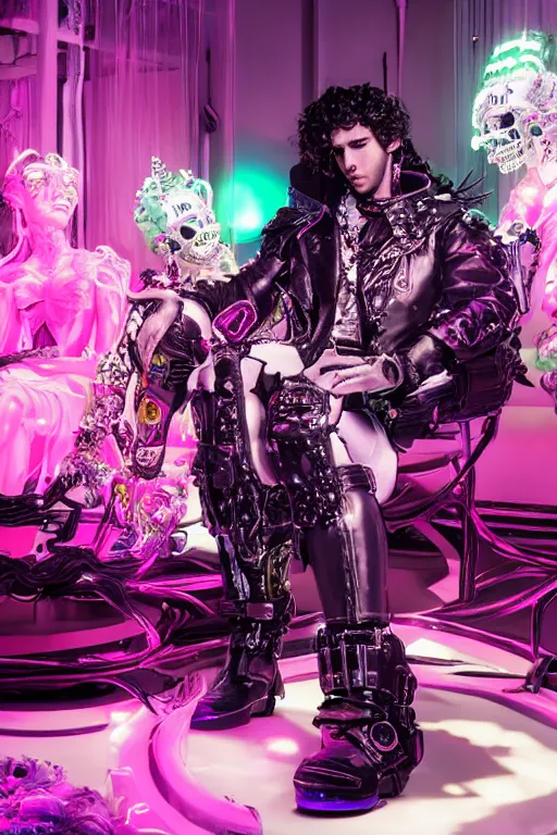 Prompt: full-body rococo and cyberpunk style neon statue of a young attractive Nick Jonas macho dotado e rico android sim roupa reclining con las piernas abertas e la piroca dura, glowing white laser eyes, prince crown of pink gears, diamonds, swirling silver-colored silk fabric. futuristic elements. full-length view. space robots. human skulls. intricate artwork by caravaggio. Trending on artstation, octane render, cinematic lighting from the right, hyper realism, octane render, 8k, depth of field, 3D