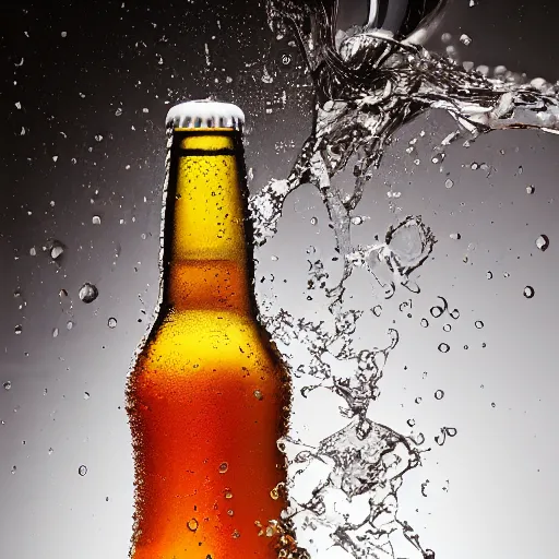 Image similar to a photo of a bottle of beer, product photo, splashes of liquid, energetic, delicate by marcel christ