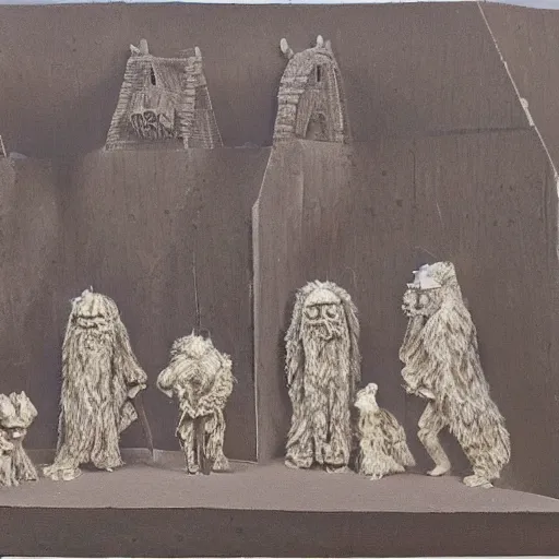 Image similar to group of five looming figures with fur skins, they create a dark court yard of a small house