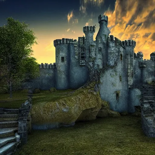 Prompt: | type : 3 d render | style : fantasy, detailed, hyperrealism | subject : a crumbling castle on a floating boulder | colors : gold and blue and green | scene : sky full of clouds during sunset | subject description : old and beautiful decaying castle | lighting : golden sunset | emotion : warm, peaceful | params :