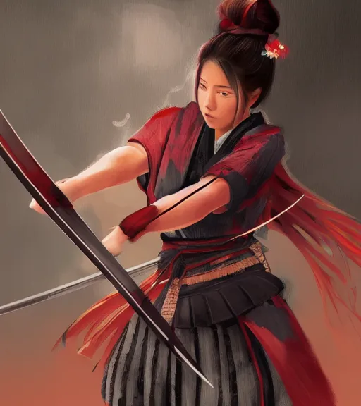 Image similar to a girl holding a katana, samurai outfit, japanese clothes, ponytail, action shot, highly detailed, digital painting, artstation, concept art, smooth, sharp focus, kunoichi, illustration