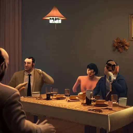 Image similar to a mafia family having dinner around a table, 3 d render octane, trending on artstation