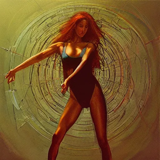 Image similar to vitruvian woman, large hadron collider, dimensional portal, teleportation, wet reflections, prism, atmospheric, ambient, pj crook, syd mead, livia prima, artgerm, greg rutkowski, nick alm, casey baugh