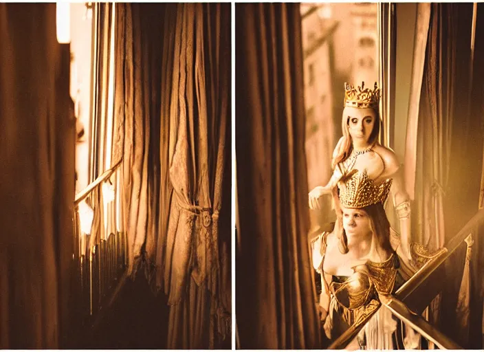 Image similar to a beautiful queen stands on a balcony overlooking a fantasy medieval gothic city, beautiful dramatic golden light and glow rays, 3 5 mm photography