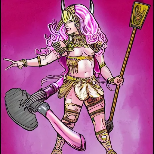 Prompt: pink haired female goddess with a giant metallic battle axe stepping on a small pink pink cat