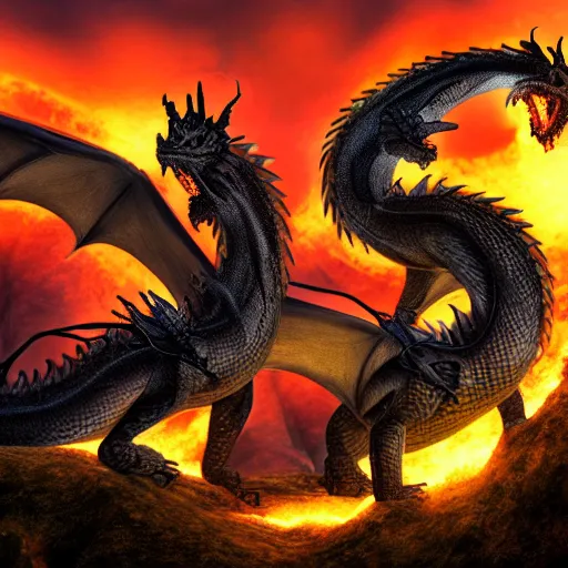 Prompt: Two dragons intertwined with one another breathing fire, masterpiece, 4k render, sunset, forest, incredible detail,