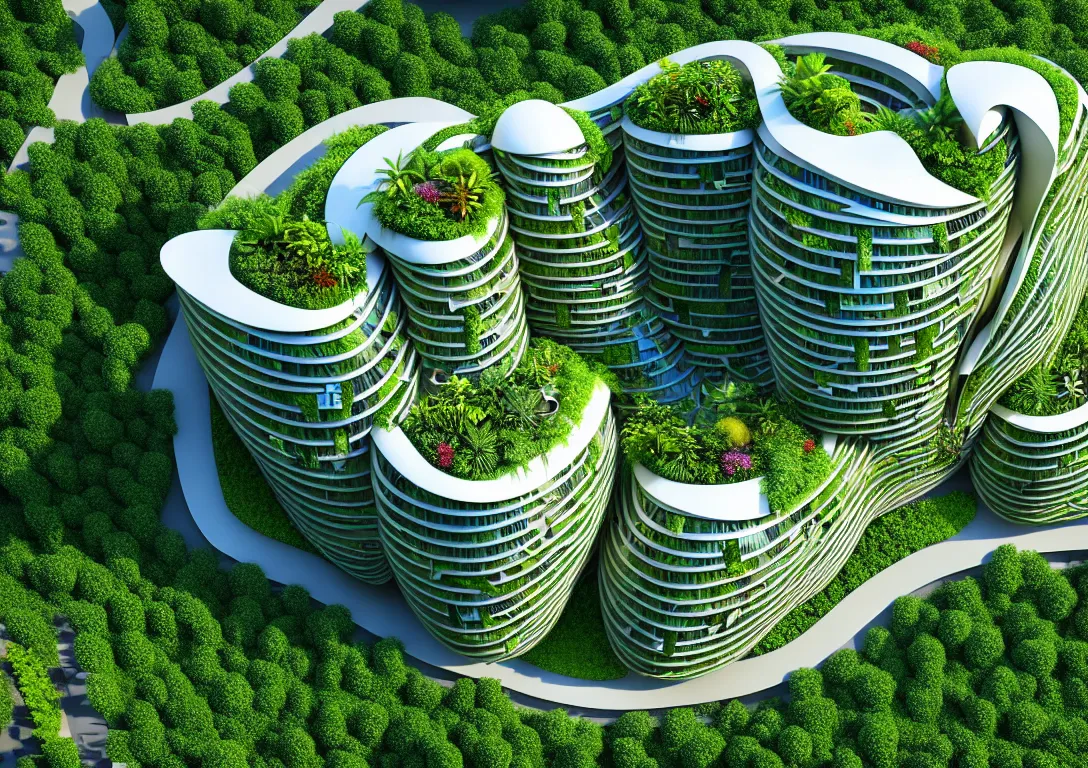 Prompt: beautiful sustainable apartment complex, built in amazon rainforest, a fusion of frank gehry, zaha hadid, hr geiger, and modern architecture, surrounded by tropical, colourful plants, natural volumetric lighting, realistic high detail 4 k render