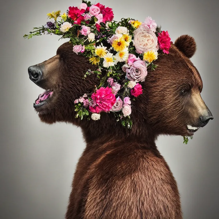 Prompt: bear with flowers on his head, beautiful and cute, long exposure, high quality, detailed, 8 k resolution, analytical art, art photography, moco