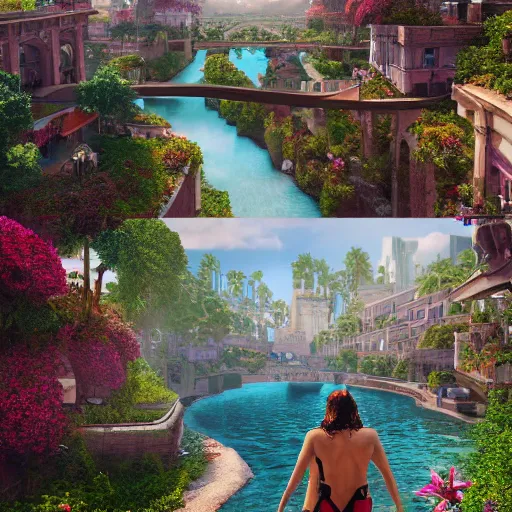 Prompt: a humongous civilization of naturists, cinematic, flowers, bridges, malls, shops, city, people, houses, wet reflections, unreal engine 5, octane, smooth, ray tracing, hyper detailed, hyper realism, fantasy, trending on artstation, behance, deviantart