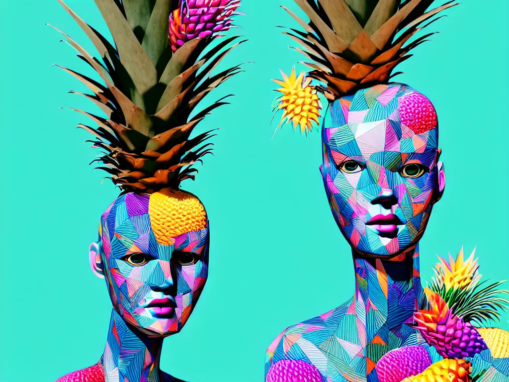 Prompt: a beautiful mannequin covered with multicolor 3 d geometrical print by james jean + a portal to a new world + flowering pineapples, transcendent, vibrant color, clean linework, finely detailed, 4 k, trending on artstation, photorealistic, volumetric lighting, octane render