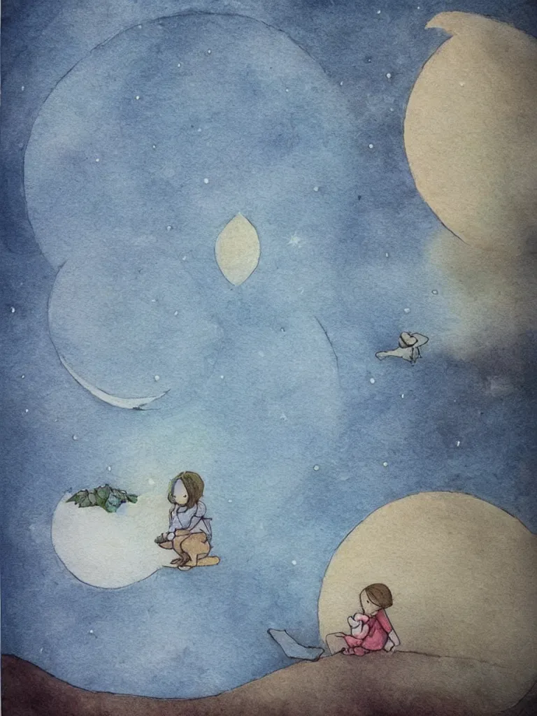 Image similar to sitting in the moon by storybook artists, blunt borders, rule of thirds, soft light, whimsical!!