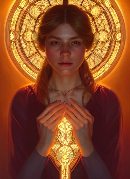 Image similar to symmetry!! portrait of a woman, cottagecore!!, glowing lights!! intricate, elegant, highly detailed, digital painting, artstation, concept art, smooth, sharp focus, illustration, art by artgerm and greg rutkowski and alphonse mucha