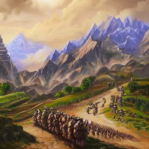 Prompt: A huge army between two mountains, huge banners can be seen, fantasy, oil painting, extra detailed